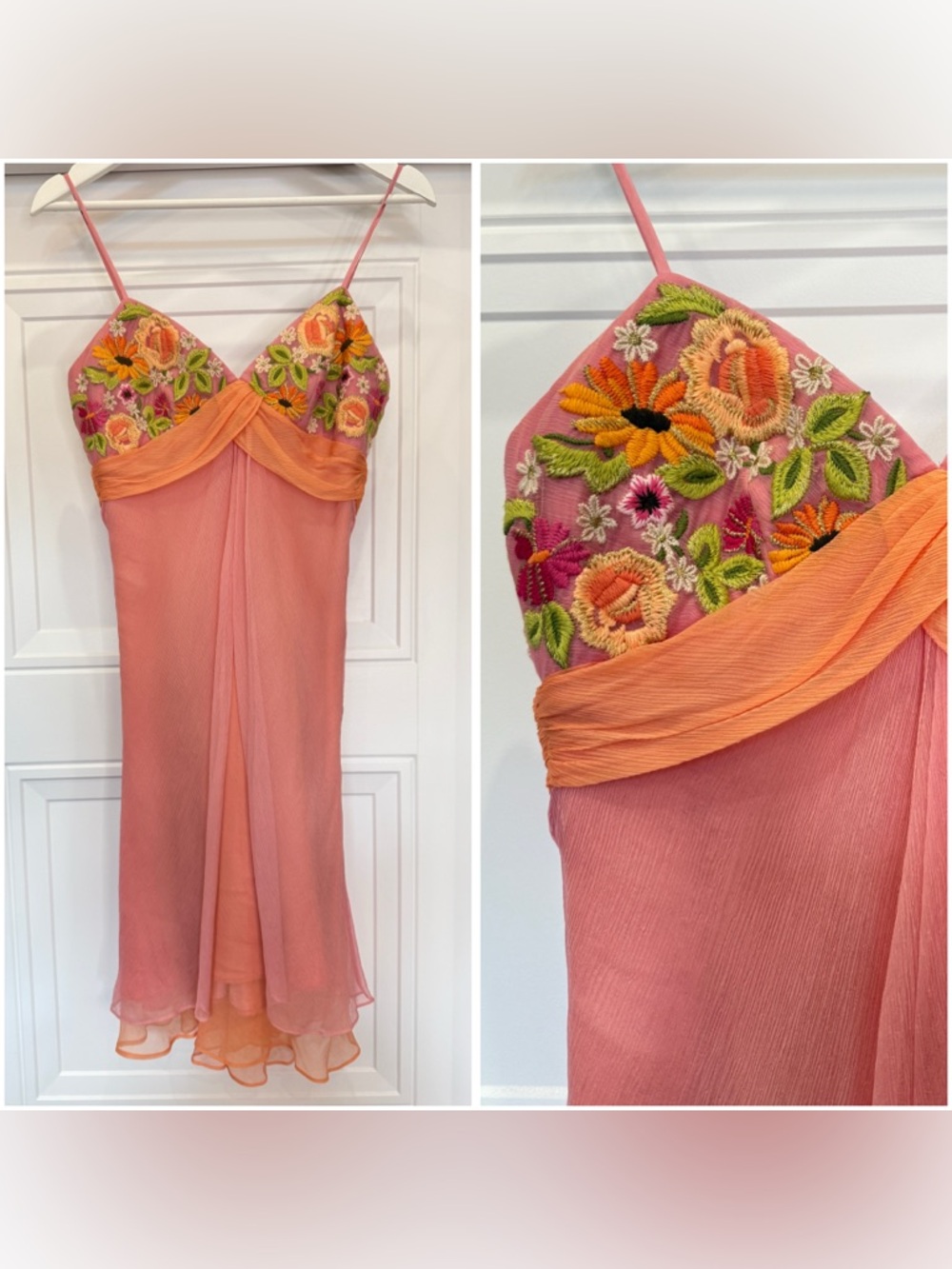 Vintage Laundry Shelli Segal  pink orange silk mini dress floral embroidery 2
